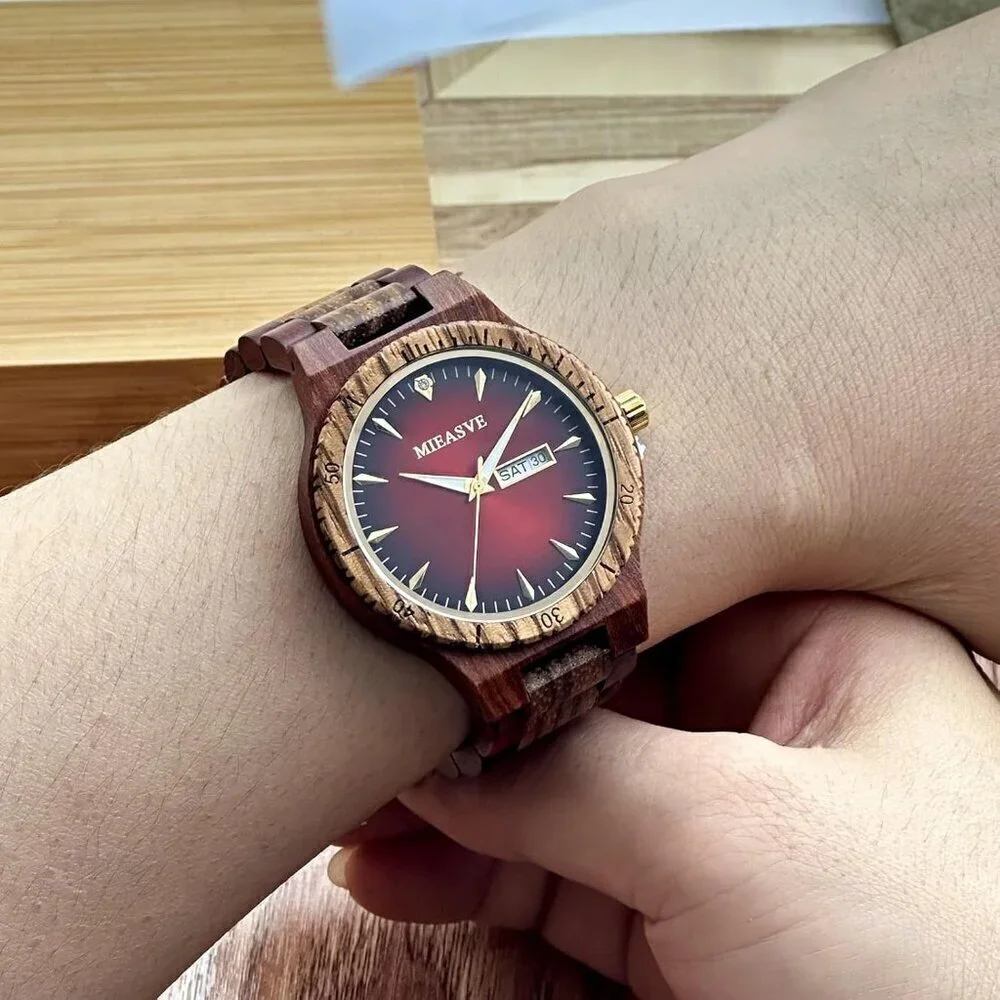 🆕Mieasve Analog Quartz Men Brown Dial Lightweight Wooden Adjusted Band Watches